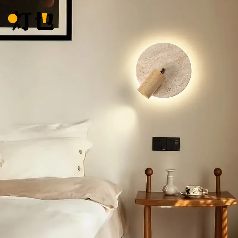 lampe murale moderne pierre jaune texture bois naturel peach beige interrupteur câble minimaliste