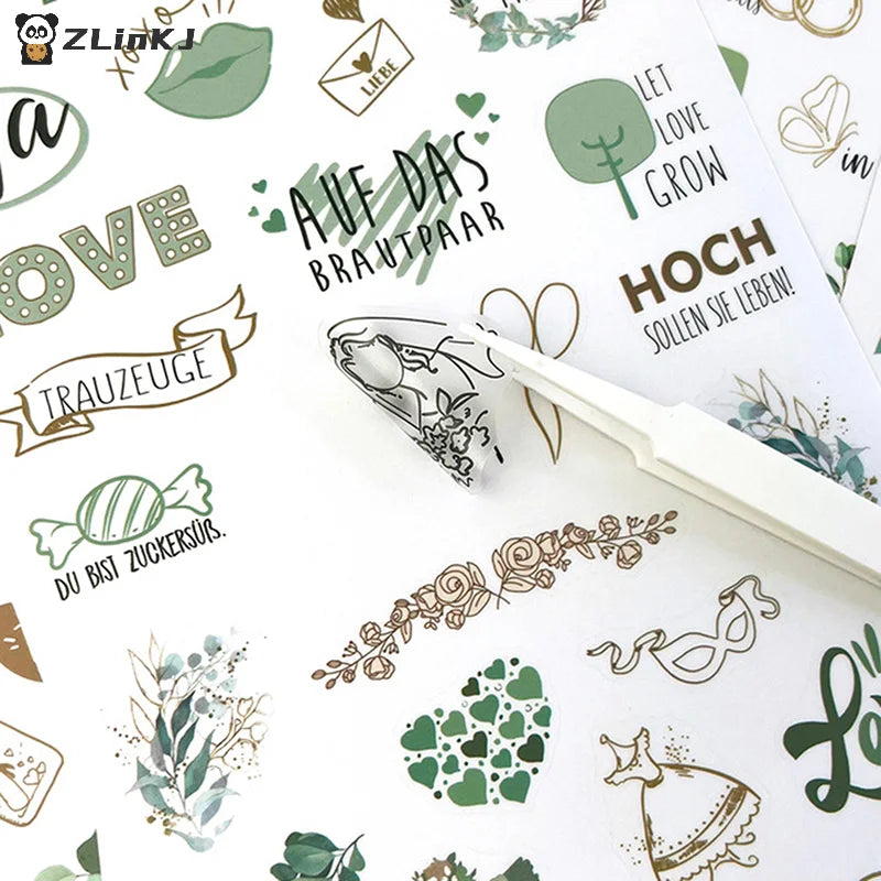 stickers mariage amour floral romantique vintage élégant or rose vert adhésifscriçãoption