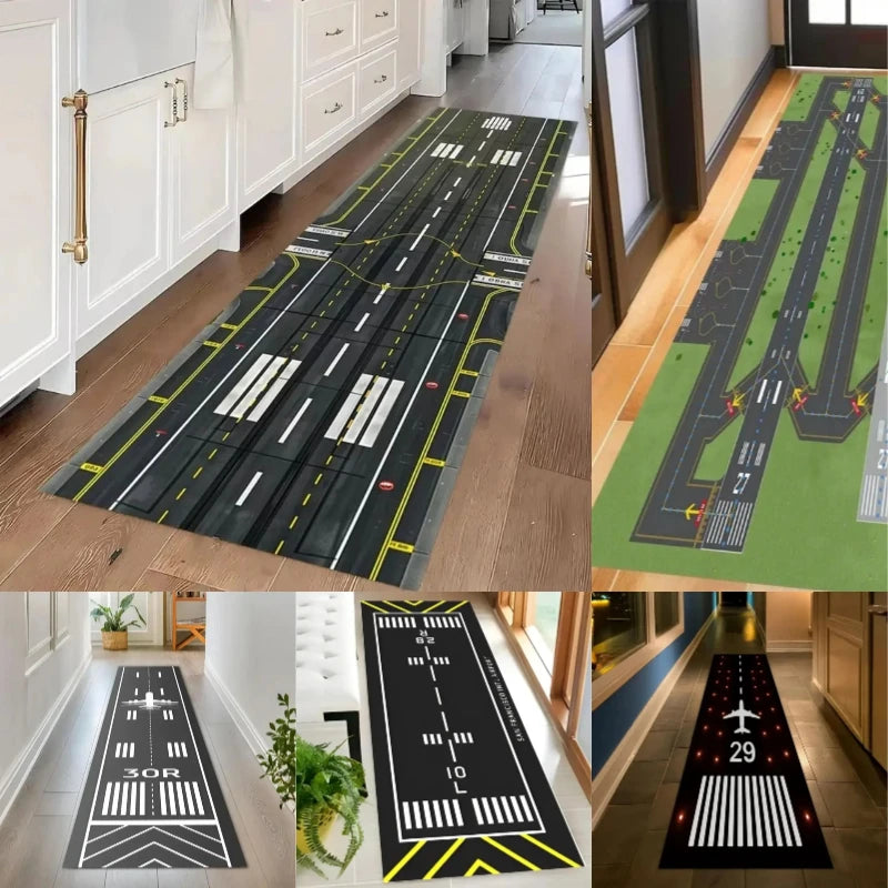 tapis noir blanc jaune aéroport motif piste avion salon chambre antidérapant polyeste moderne