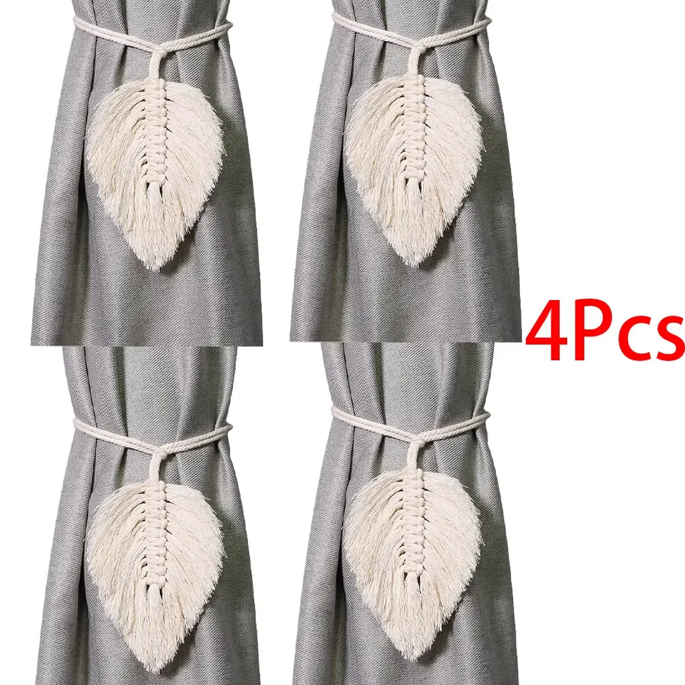 rideau boho blanc rayures verticales macramé bois pompons coton