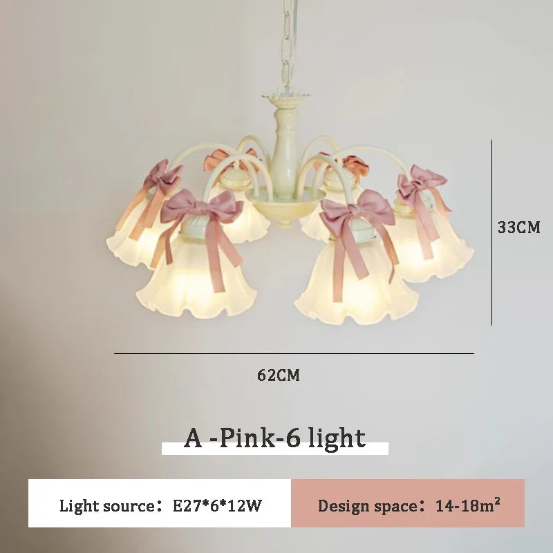 chandelier suspension vert pâle rubans roses abat jour translucides chambre enfant romantique