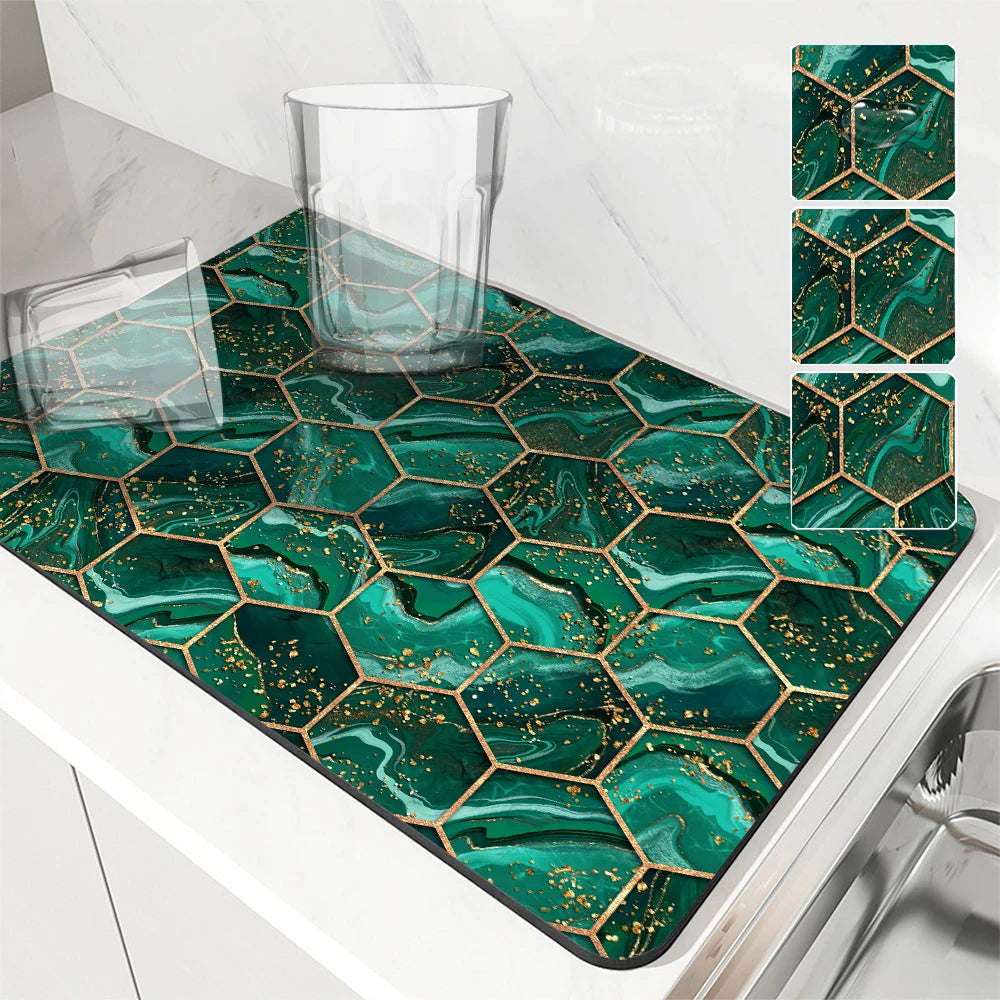 tapis cuisine absorbant rapide marbre vert géométrique moderne élégant polyesters respectueux environnement