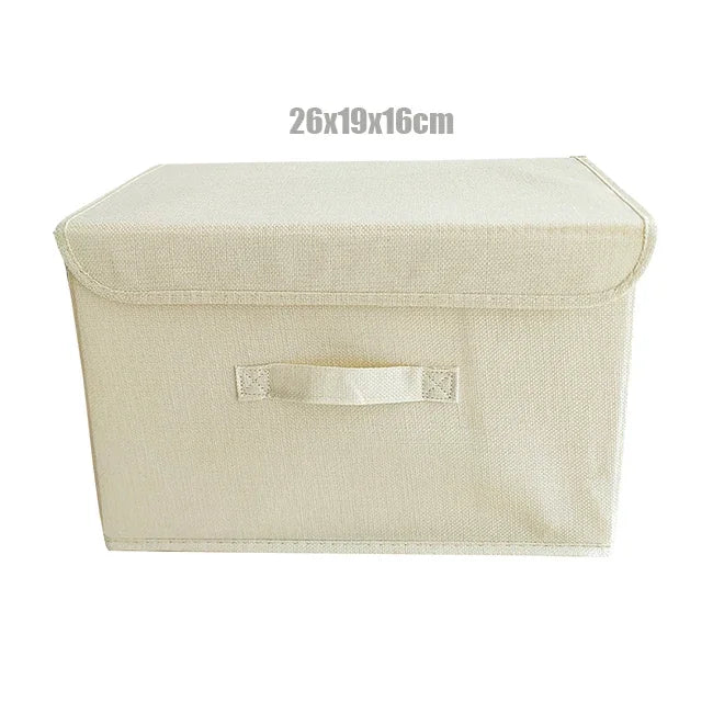 boîte rangement pliable tissu lin gris beige couvercle poignées vêtements