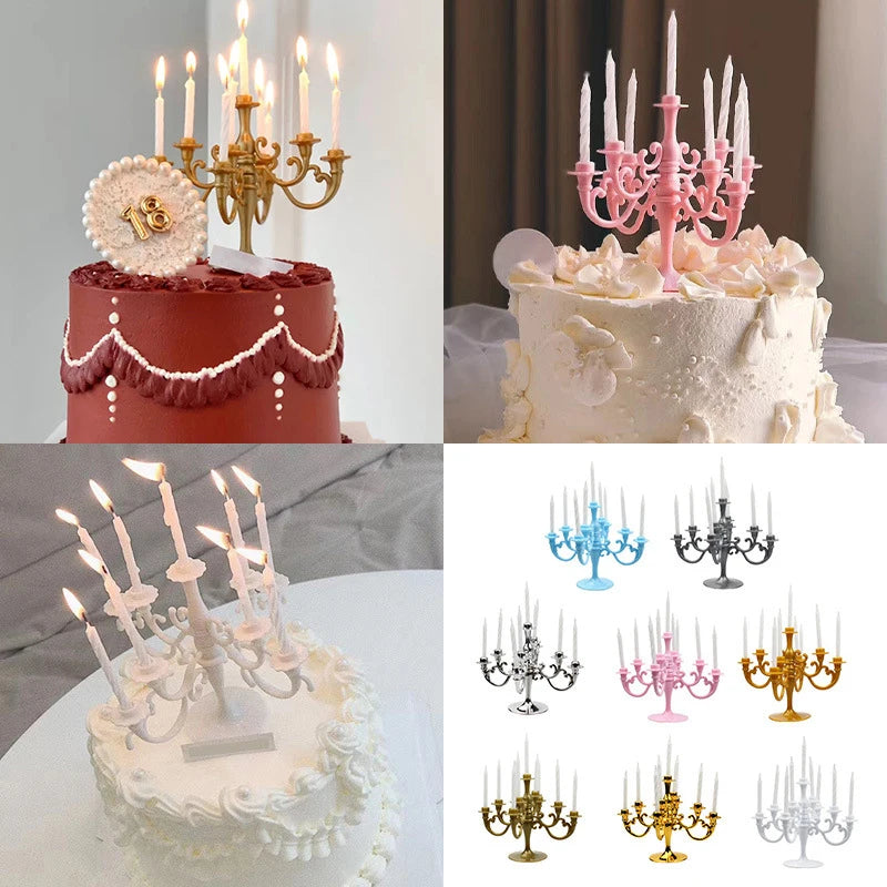 décoration anniversaire bougeoir or argent rose classique cinq branches tiges blanches base plate