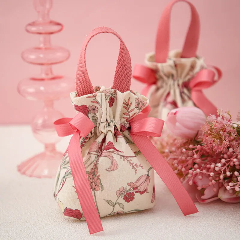 sac bonbons portable toile motif floral ruban blanc réutilisable emballage cadeau mariage anniversaire noël