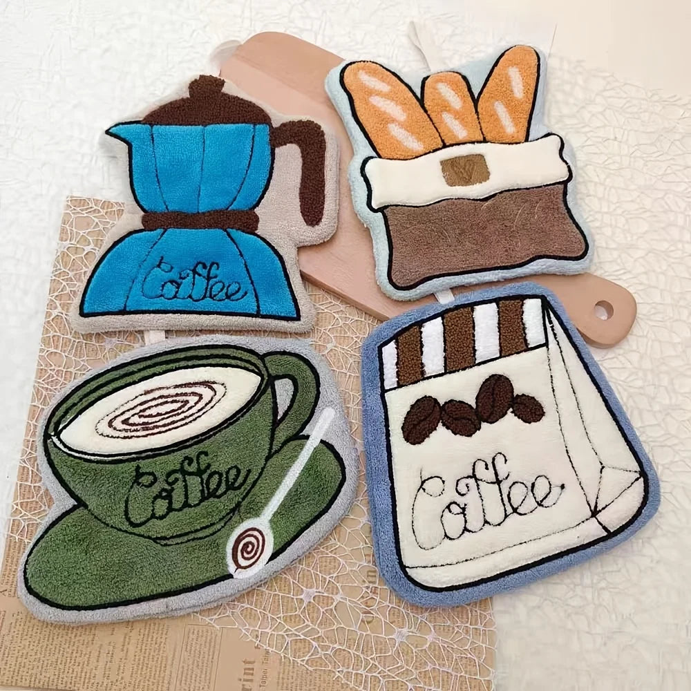 poignées cuisine décoratives motifs tasses cafetière bleu beige marron blanc opaques