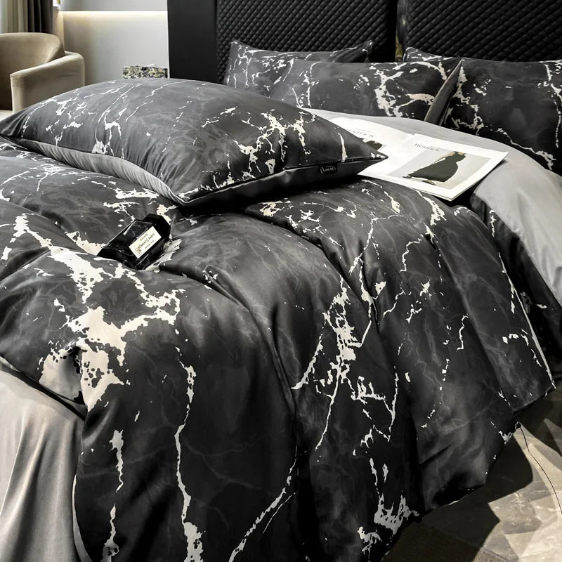 ensemble literie noir marbré moderne housses taies oreillers drap lit