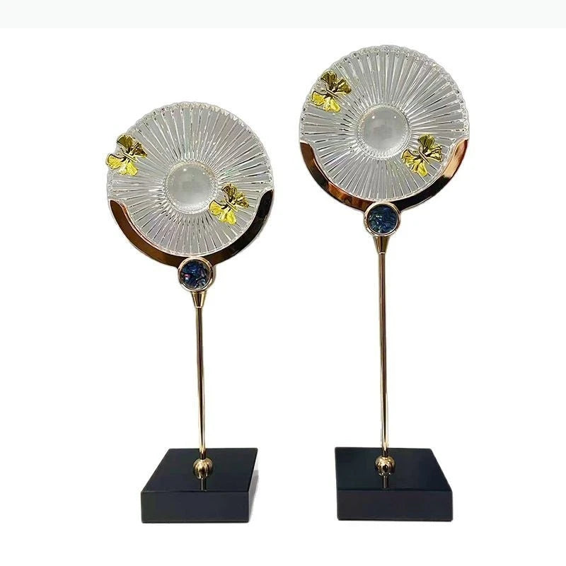 Bougeoir moderne transparent doré papillons bleu rayures base carrée noire tige dorée