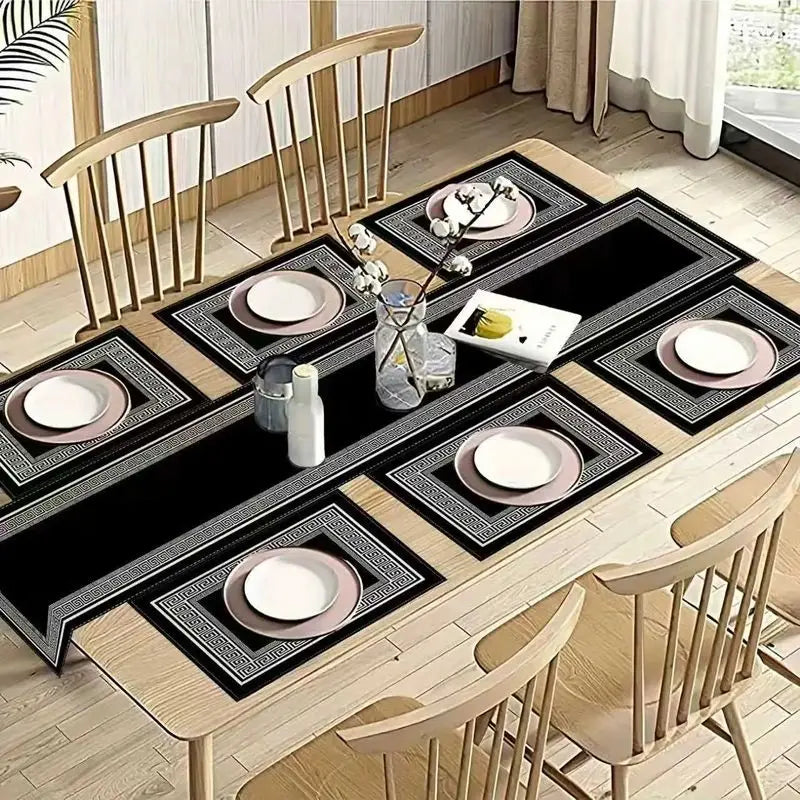sets table géométriques noirs blancs moderne nappe table runner élégant motifs grecs imperméable résistantextérieur