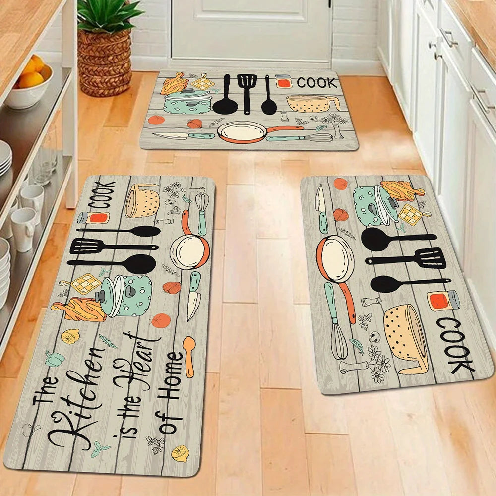 tapis cuisine motif bois ustensiles moderne beige noir bleu orange vert décoration maison
