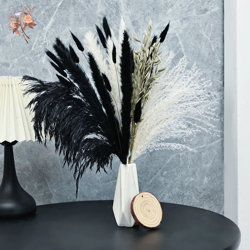 bouquet pampas séchés noir blanc décoration maison halloween anniversaire boho festive