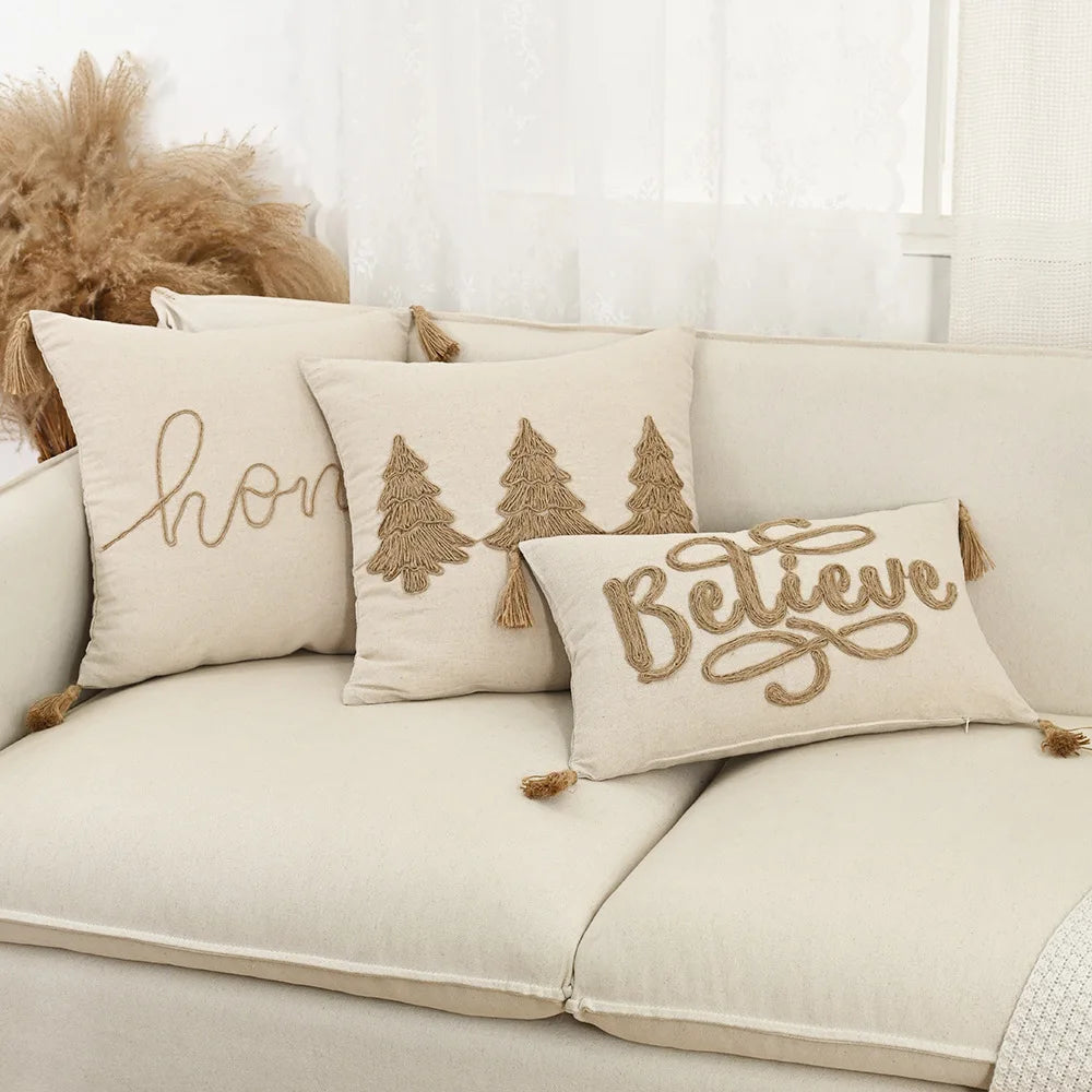 housses coussins motif feuilles texte love coton polyester beige rustique adhésifs tassels decoration