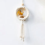 décoration boho macramé blanc tissé main boules bois fleurs séchées planter suspendu