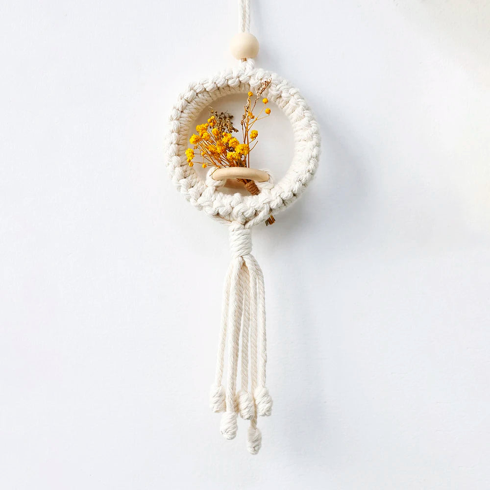 décoration boho macramé blanc tissé main boules bois fleurs séchées planter suspendu