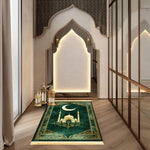 tapis vert foncé doré motif islamique mosquée lune polypropylène résistant décoration intérieure extérieure voyage