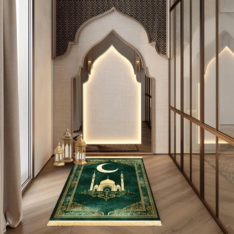 tapis vert foncé doré motif islamique mosquée lune polypropylène résistant décoration intérieure extérieure voyage