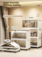 meuble rangement modulable blanc roulettes portes transparentes rayures verticales modernes