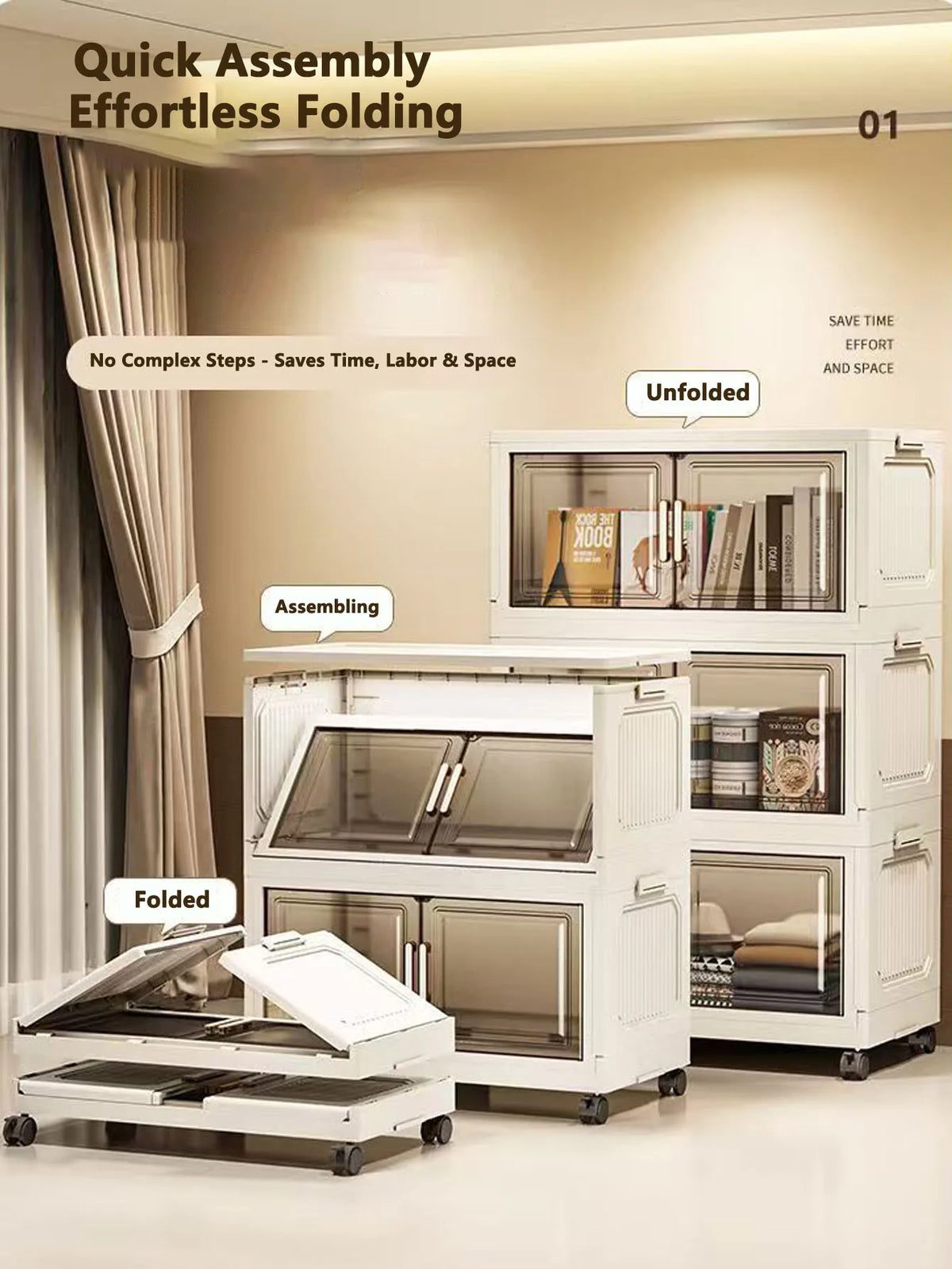 meuble rangement modulable blanc roulettes portes transparentes rayures verticales modernes