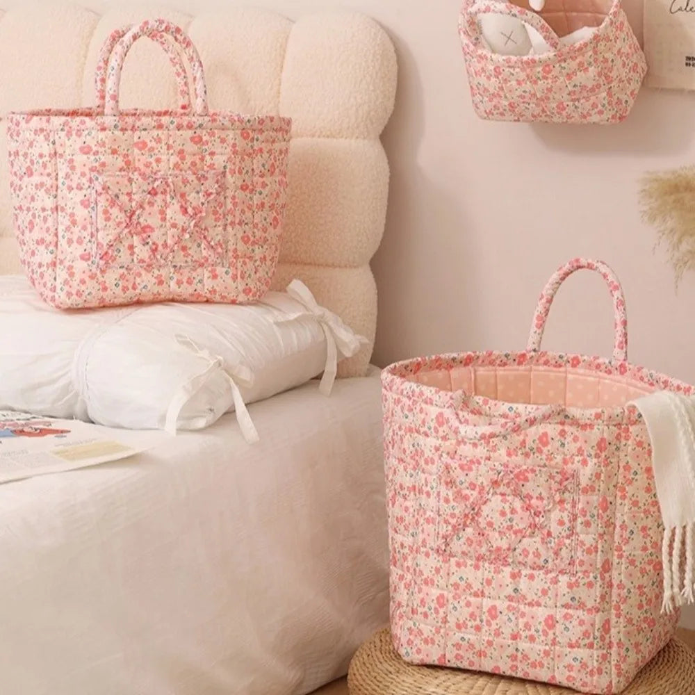 sac rangement tissu floral rose blanc pliable poignées multiple utilisations decorative champetre nordique