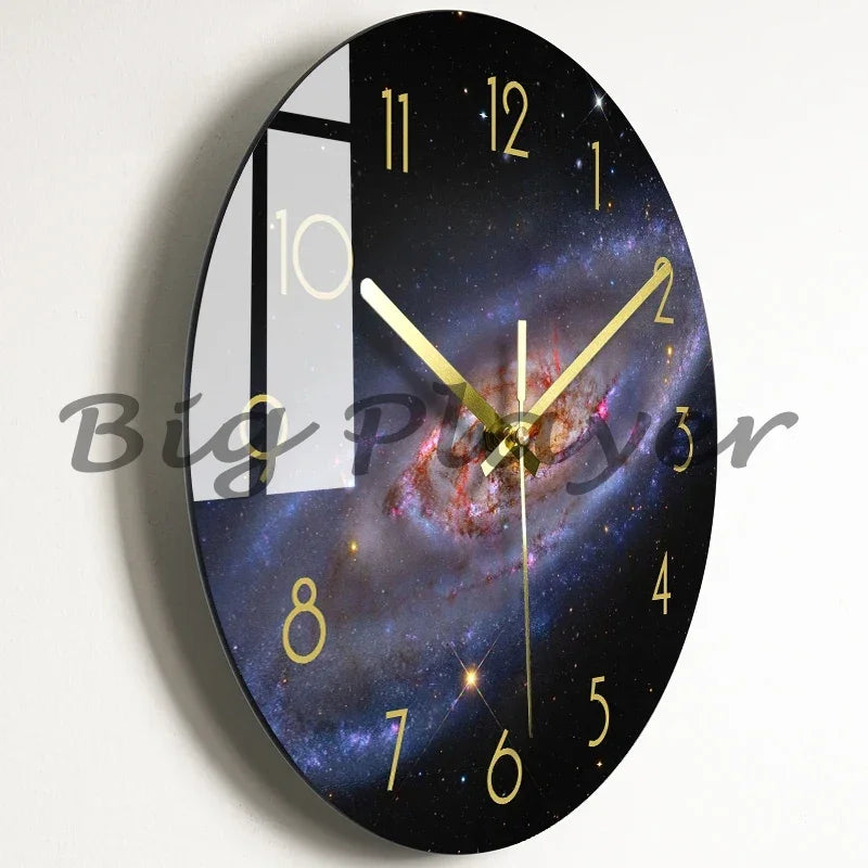 horloge murale moderne noire étoiles galaxie lumineuses salon décoration opaque aiguilles électrique