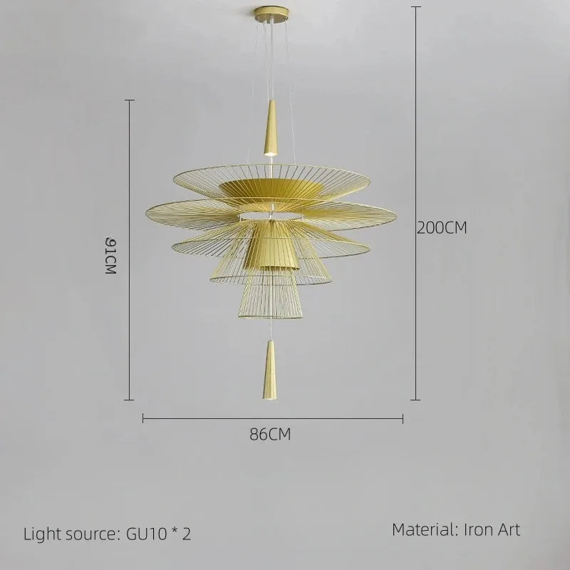 suspension lumineuse or noir contemporain minimaliste ampoule led intégrée fixation câbles métal superposé