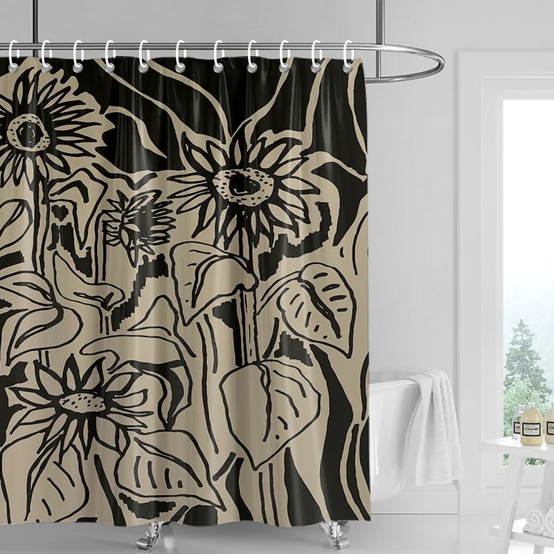 Image de rideau de douche avec un design floral, présentant un motif de tournesols. Le rideau, aux couleurs vives et estivales, est fabriqué en tissu imperméable de haute qualité. Idéal pour ajouter une touche de nature et de gaieté à votre salle de bains.