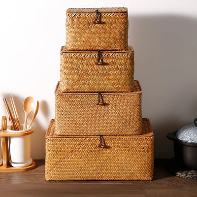 Panier de rangement en jonc de mer tressé à la main avec couvercle noir
