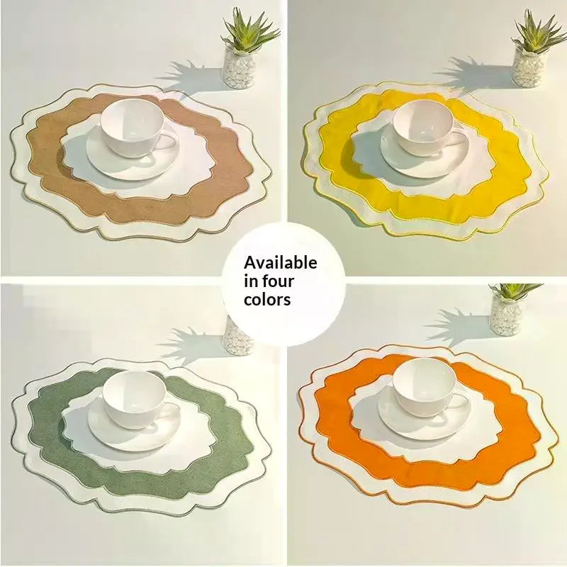 sets table coton abstraits vert jaune orange marron blanc modernes minimalistes textures douces assiettes