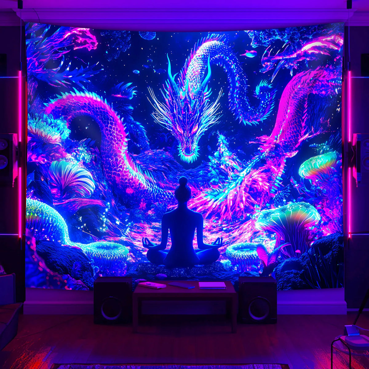 tapisserie murale moderne dragons stylisés violet bleu rose fond marin 100x150cm