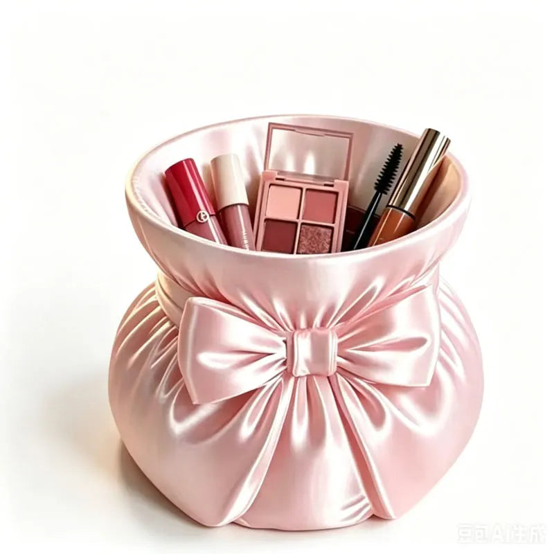 Sac cosmétiques moderne élégant rose blanc bleu violet satiné portatif pinceaux maquillage lips palettes