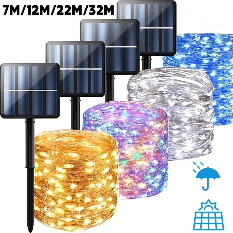 guirlande lumineuse solaire multicolore moderne spikes métalliques panneau solaire diodes led 32m 22m 11m