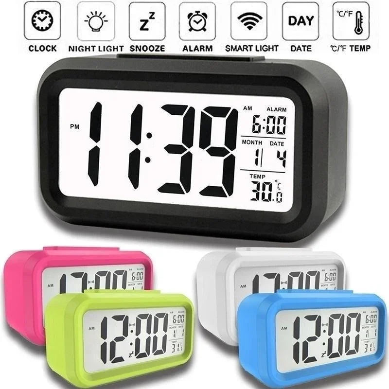 horloge numérique moderne alarme date température indicateur nuit snooze lumière inteligente couleurs noir rose
