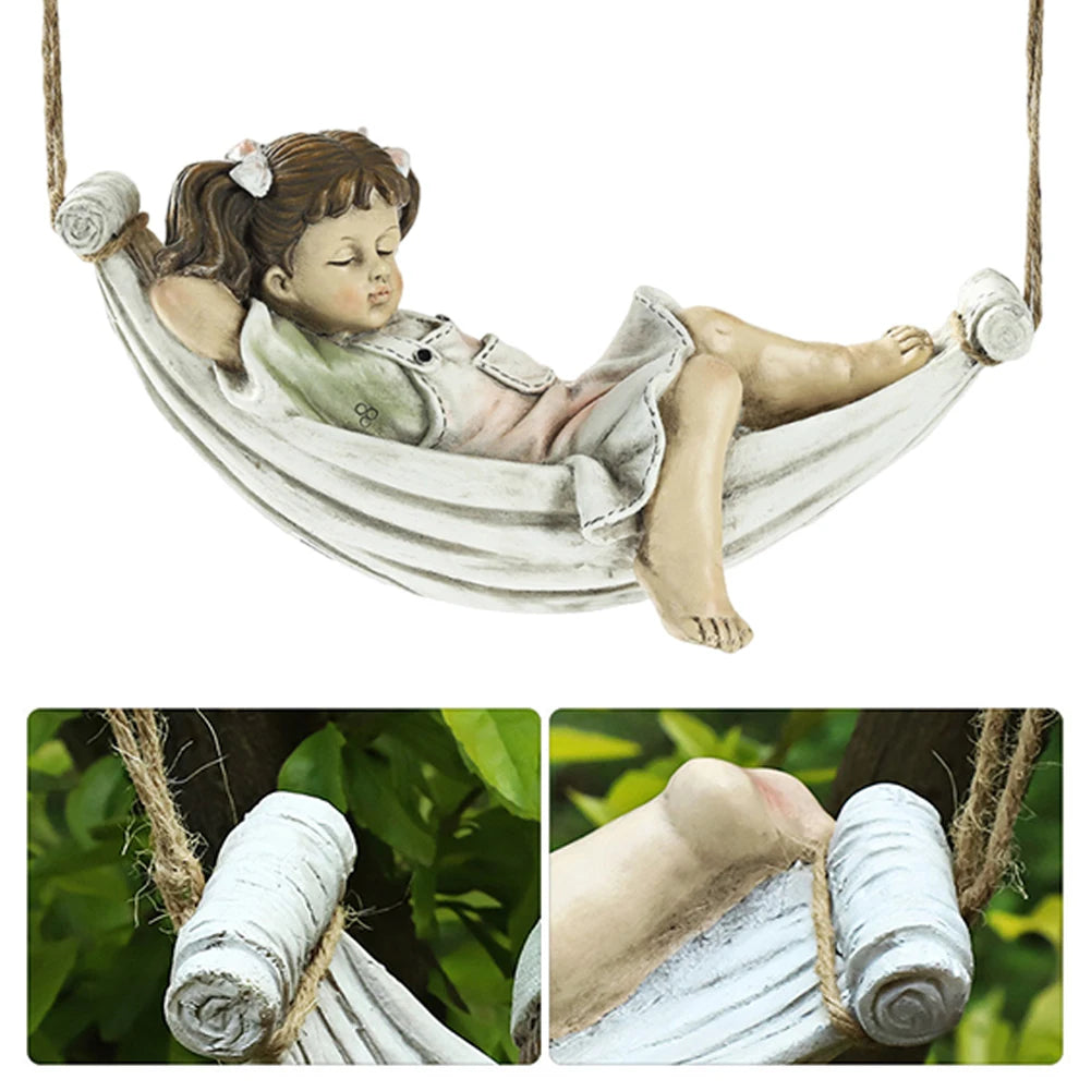 statue jardin résine enfant dormant hamac fille garçon beige blanc verte marron