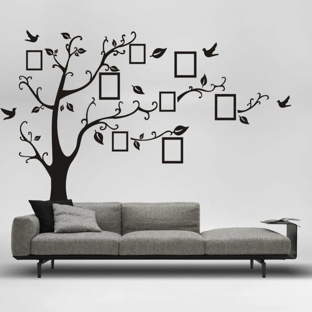 sticker mural arbre moderne noir branches feuilles oiseaux cadres photo 50x70cm