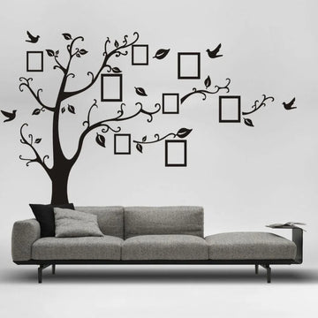 sticker mural arbre moderne noir branches feuilles oiseaux cadres photo 50x70cm