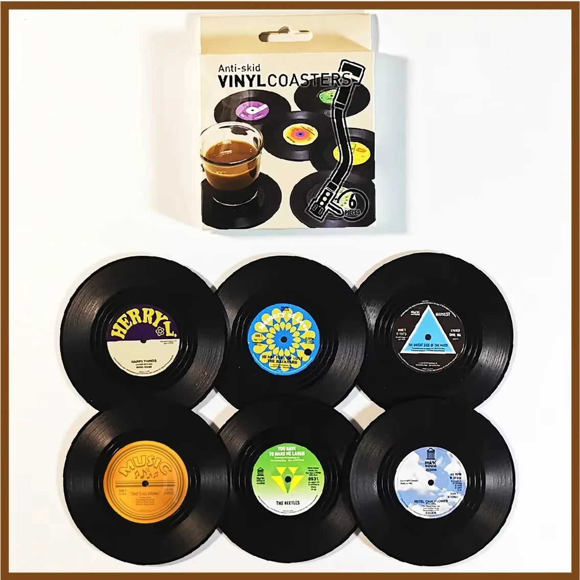 coasters vintage rockabilly noir motifs disques vinyle blancs résistants chaleur antidérapants plastique respectueux environnement