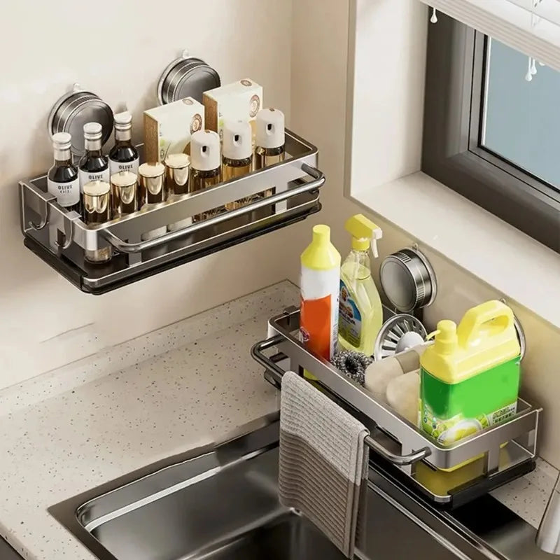 étagère cuisine adhésive moderne argentée drainante bouteilles ustensiles rangement salle bain évier