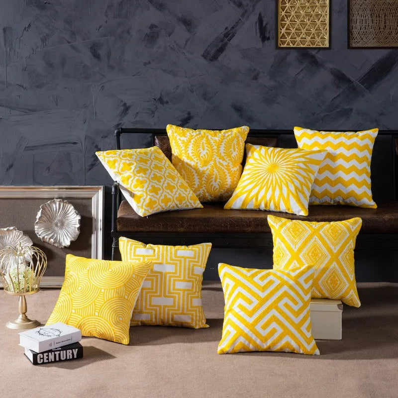 housse coussin carré coton géométrique moderne blanc jaune lit canapé voiture chaise decoration opaque