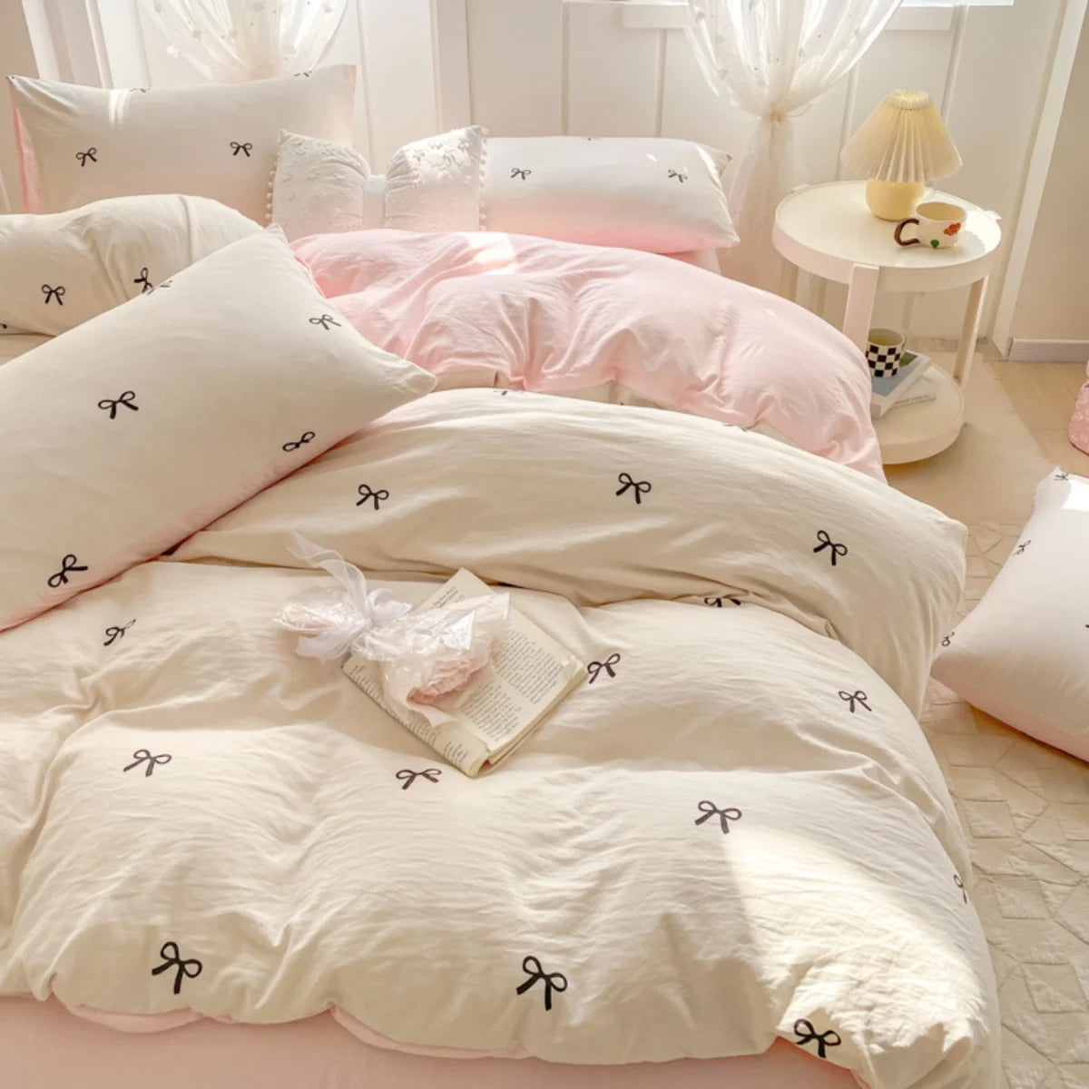 ensemble literie moderne blanc rose nœuds papillon housse couette taies d'oreiller doux polyester serge