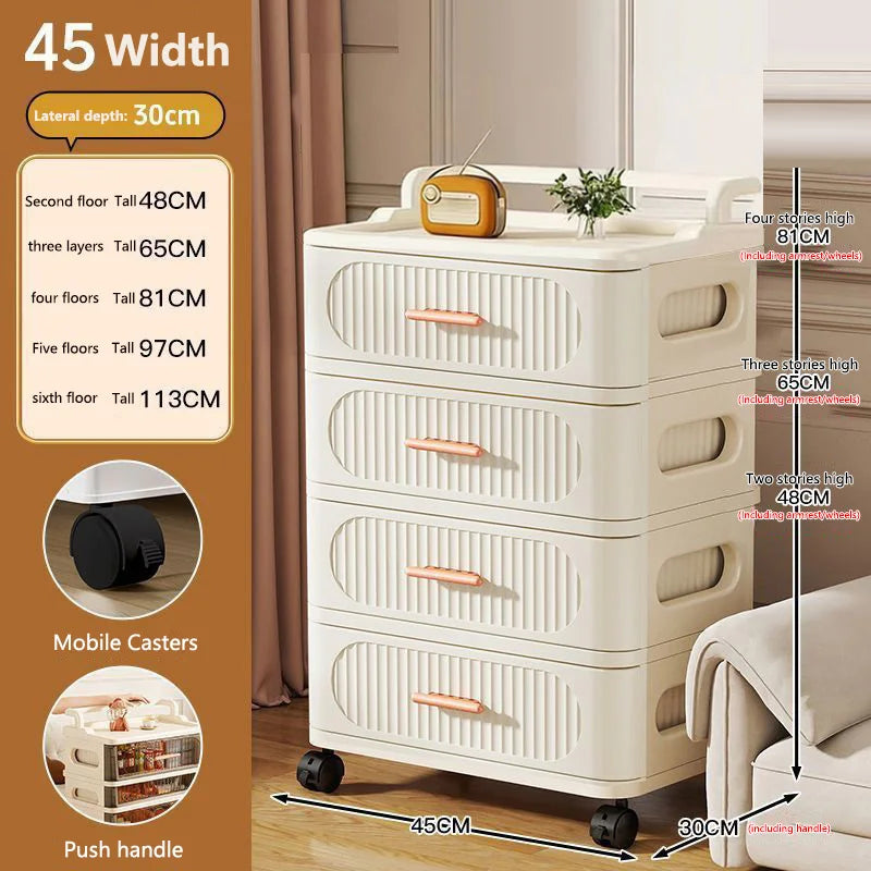 meuble rangement mobile tiroirs roulettes beige clair rayures horizontales moderne