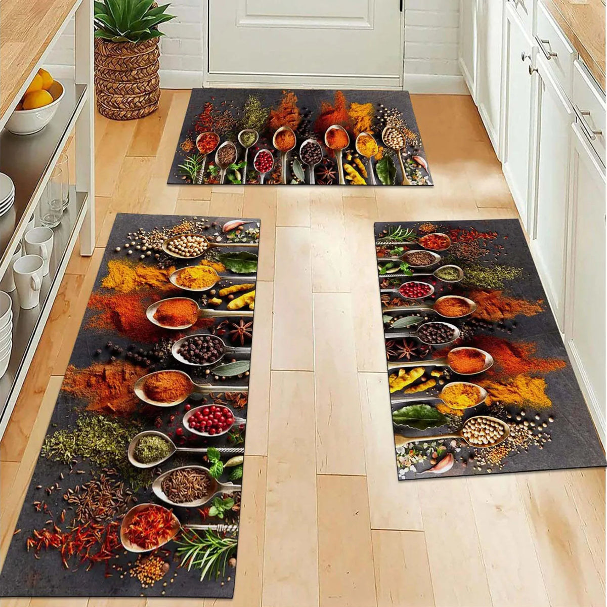 tapis sol antidérapant imperméable motifs épices cuisine moderne orange rouge vert