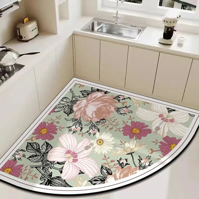 tapis cuisine acrylique antidérapant fleurs motifs floraux vintage beige vert rose blanc