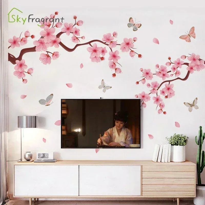 sticker mural fleurs cerisier papillons rose brun blanc adhésif moderne naturel decoration mur chambre