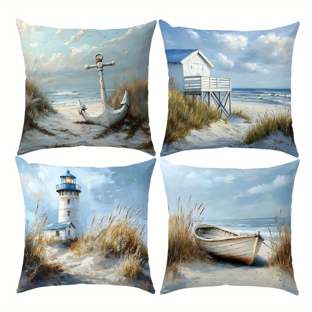 coussin decoratif plage phare bateau ancre ciel nuageux bleu blanc vert maison pilotisintérieur polyester