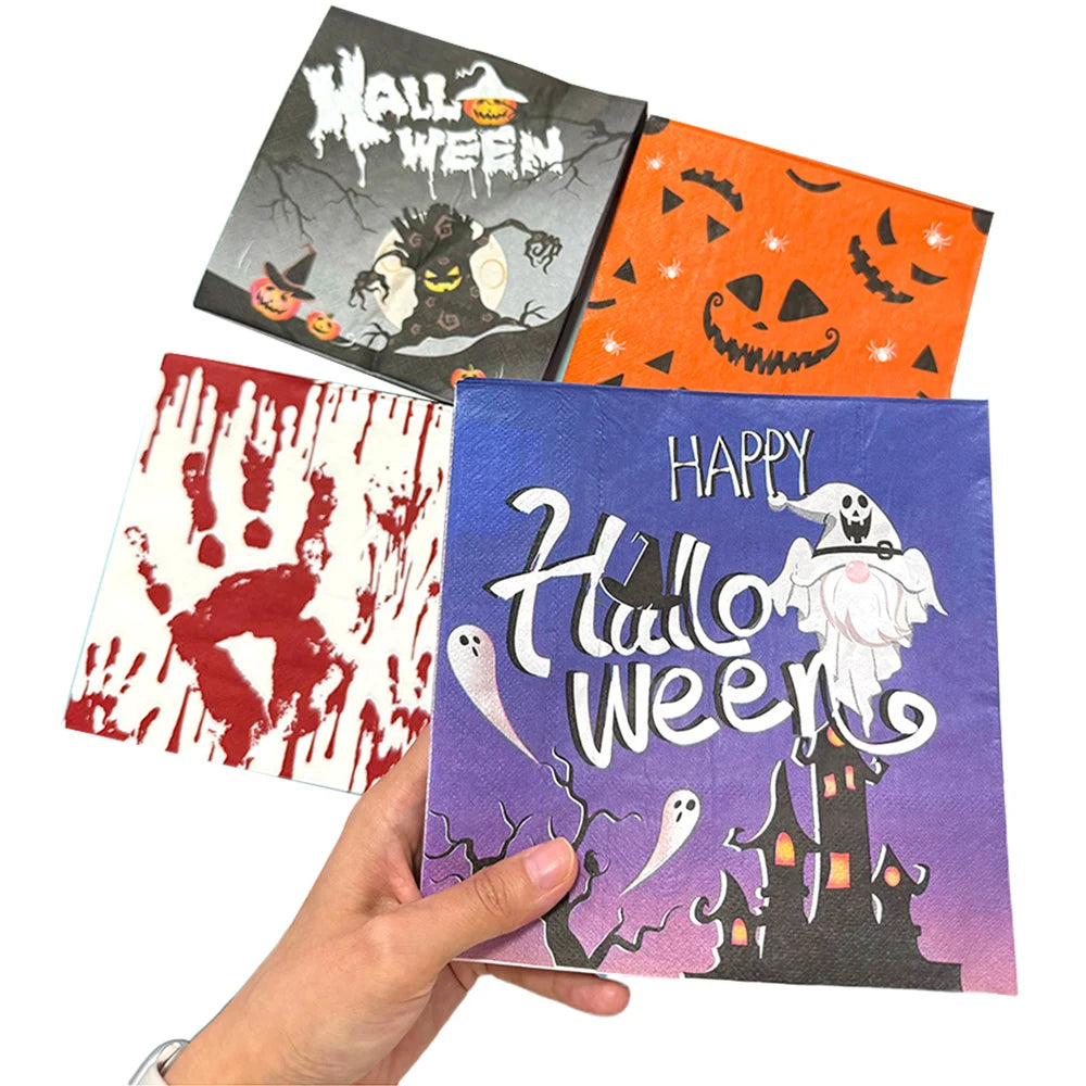 serviettes papier halloween motifs citrouille fantôme crâne main ensanglantée sorcière chauve souris cocktail