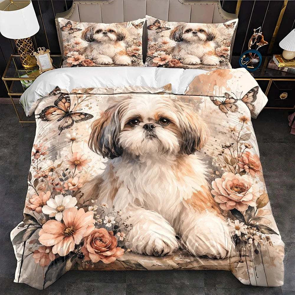ensemble literie floral chien shih tzu papillons taies oreiller housse couette beige blanc moderne
