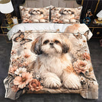ensemble literie floral chien shih tzu papillons taies oreiller housse couette beige blanc moderne