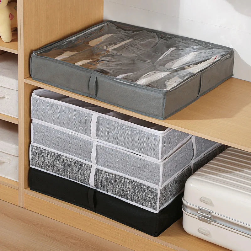 organisateur chaussures pliables compartiments transparents rangement sous lit empilable gris blanc noir tweed