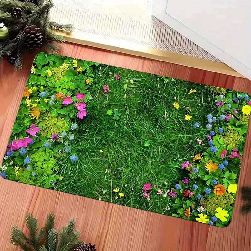 tapis moderne antidérapant herbe fleurs vert multicolore printemps salon entrée 60x40cm