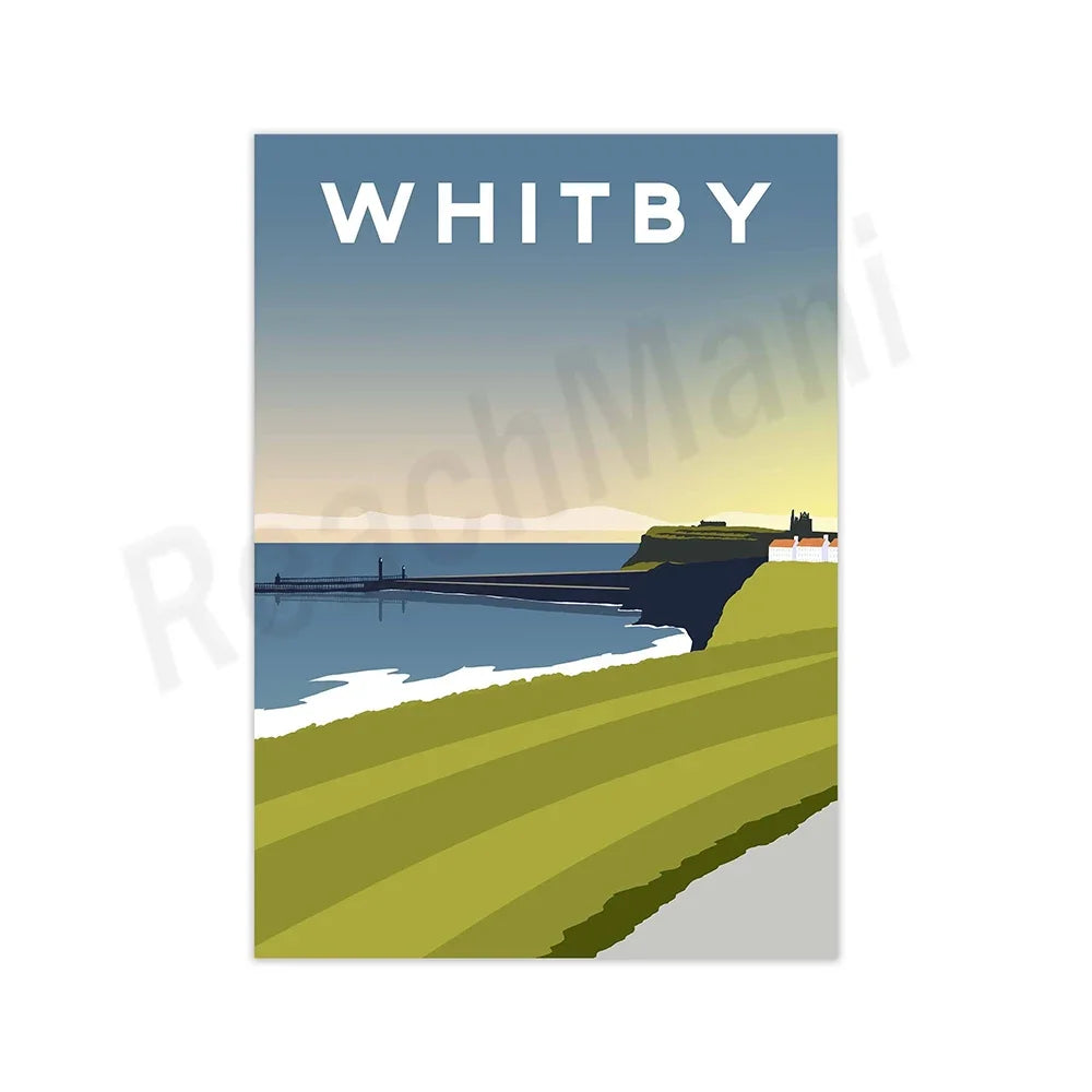Le paysage pittoresque de Whitby, avec sa jetée, ses falaises verdoyantes et son ciel coloré, incite les visiteurs à découvrir cette destination côtière.